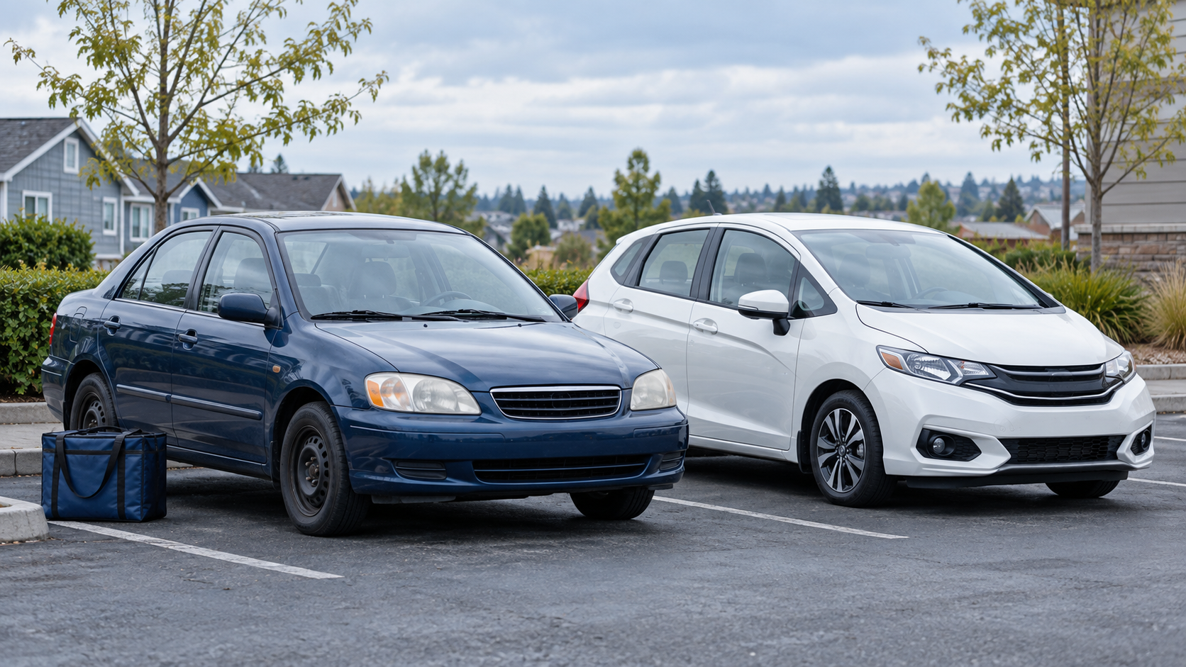 An older blue sedan and a newer white hatchback parked side by side with an insulated delivery bag.