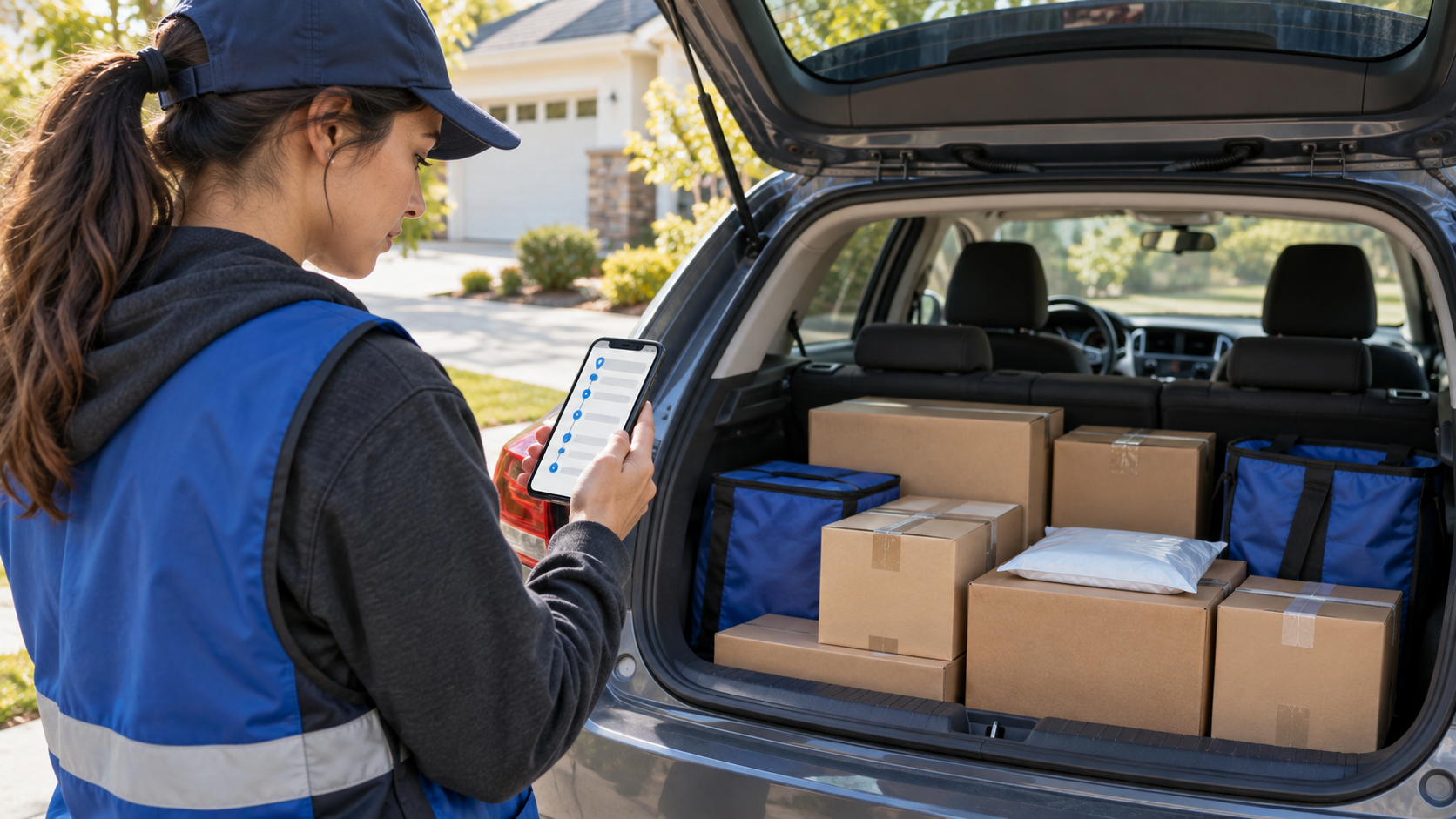 A delivery driver checking a route on a phone beside an open hatchback filled with packages and insulated bags.